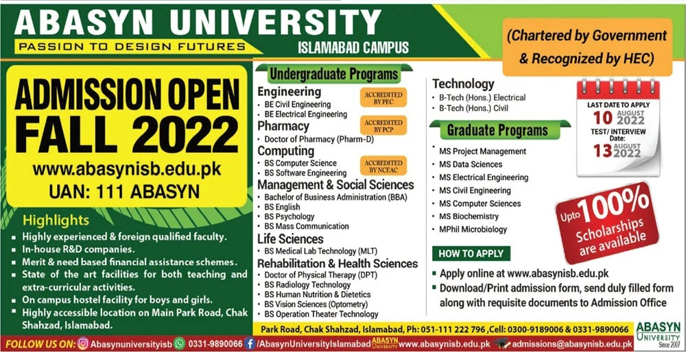 Abasyn University Admission 2022 Last Date