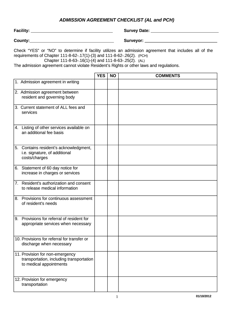 ADMISSION AGREEMENT CHECKLIST Doc Template PdfFiller