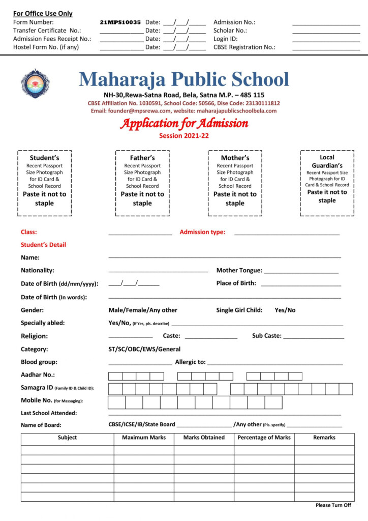 Admission Form Best CBSE School Maharaja Public School