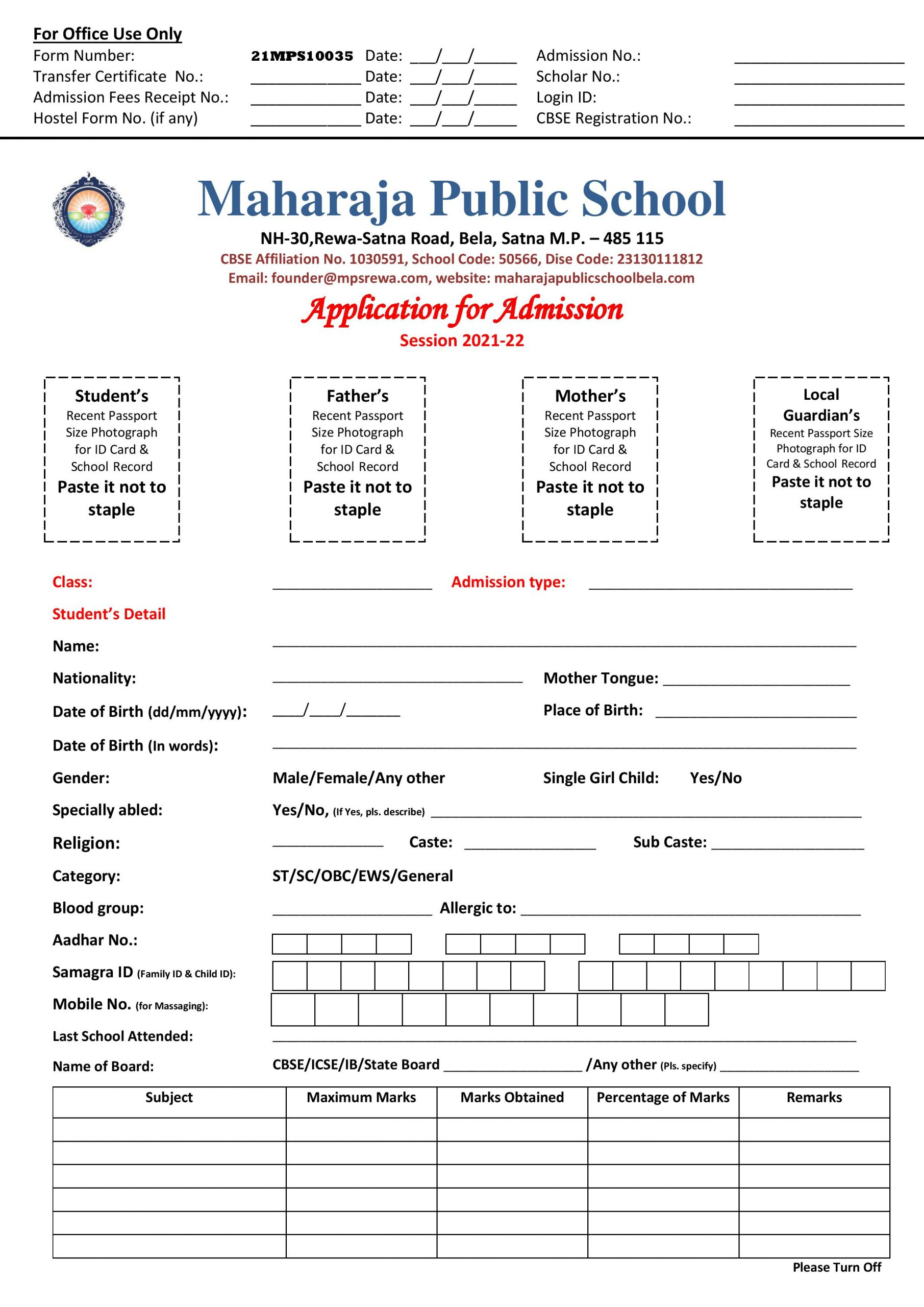 Admission Form Best CBSE School Maharaja Public School