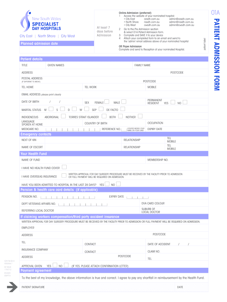 Admission Form Day Hospital Fill Online Printable Fillable Blank 