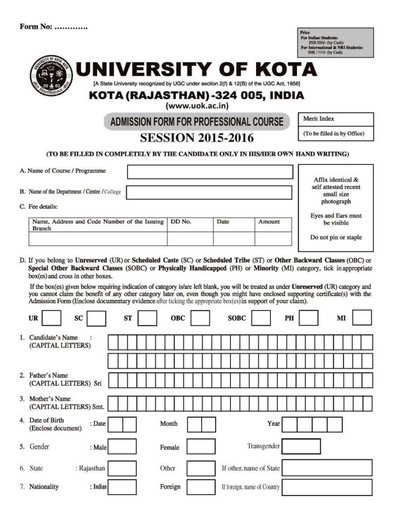 Admission Form Of Kota University 2022 2023 EduVark