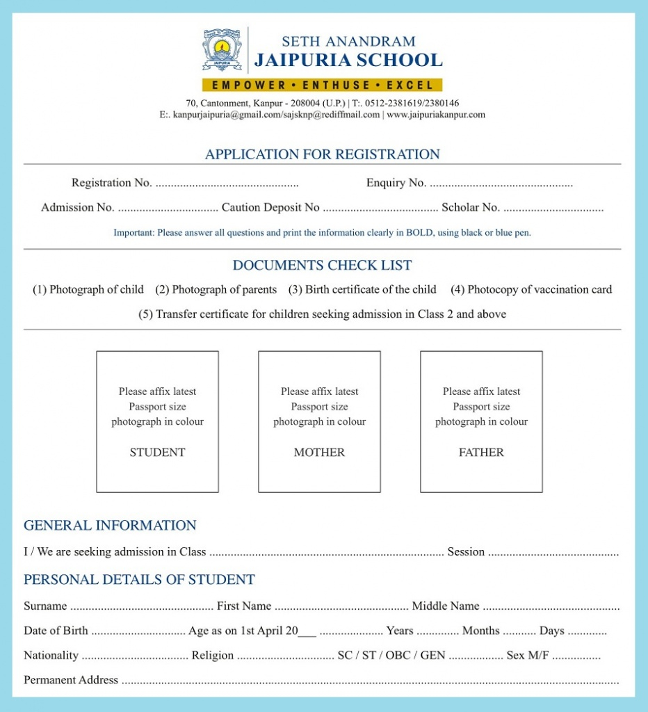 Admission Form Seth Anandram Jaipuria School Kanpur