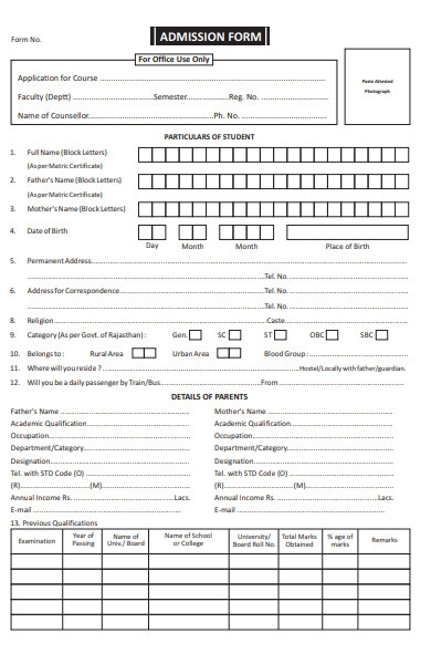 Admission Form Template Free Download Printable Templates