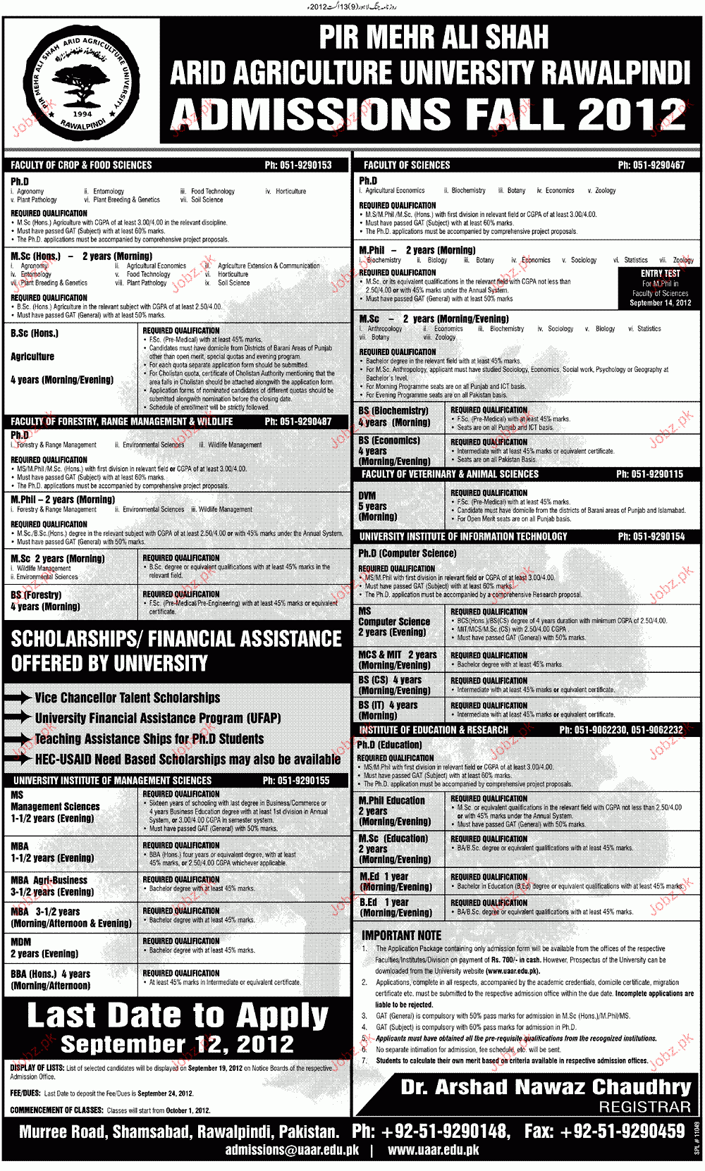 Admission In Phd MSc BSc In Arid Agriculture University 2022 