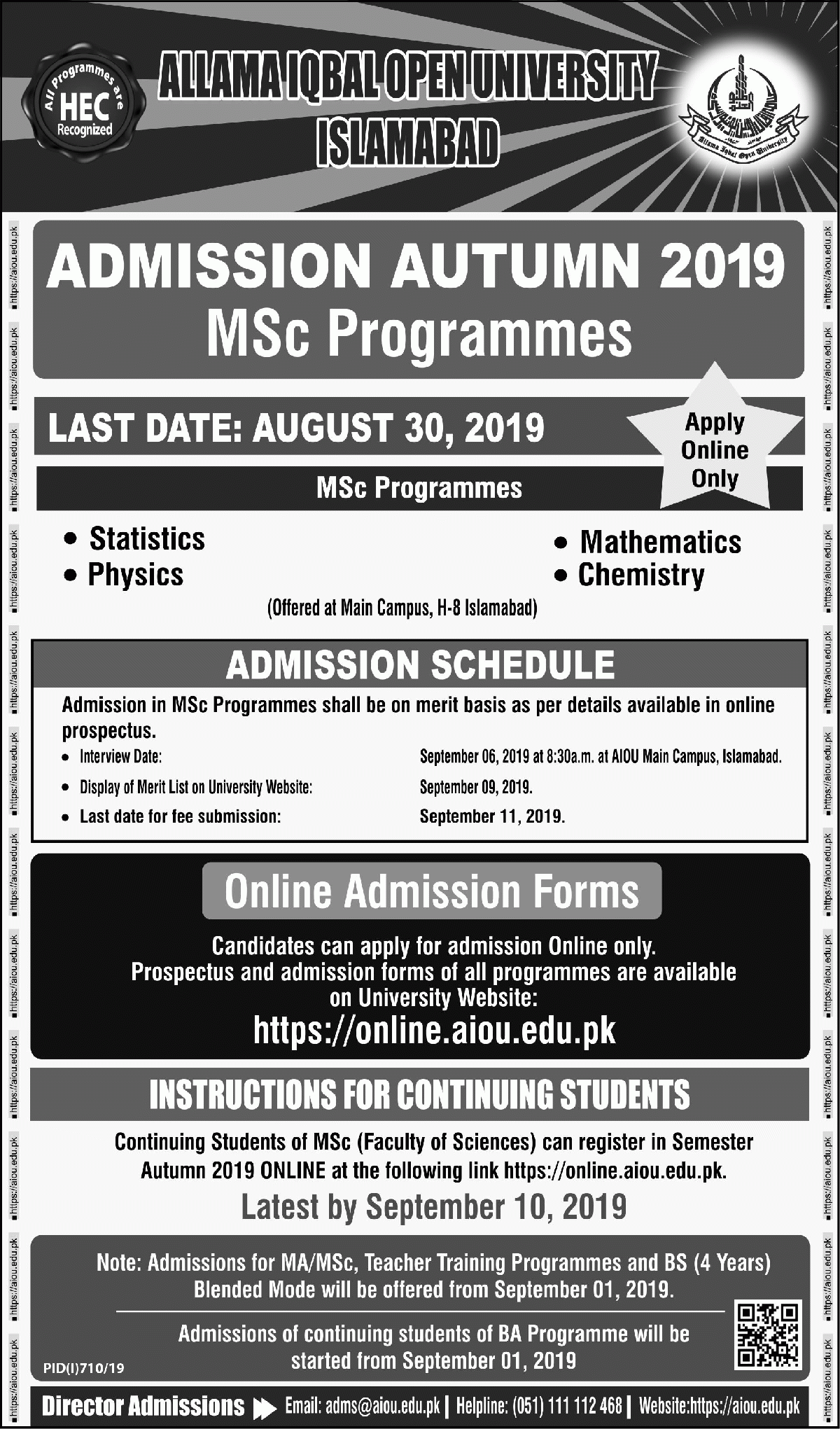 AIOU MSc Admission 2022 Autumn Form Apply Online Last Date