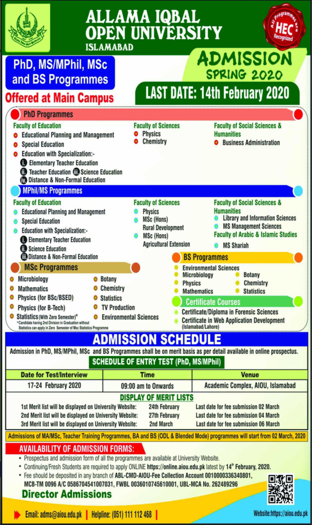 Allama Iqbal Open University Islamabad Admissions Spring 2020