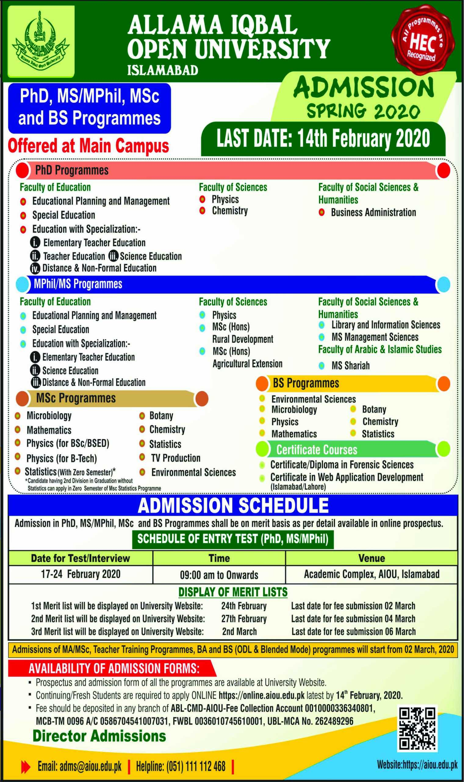 Allama Iqbal Open University Islamabad Admissions Spring 2020