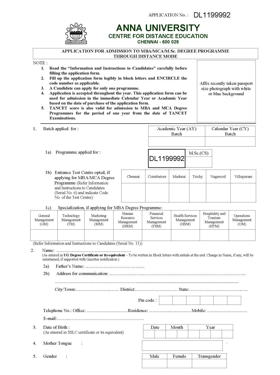Anna University MBA Application Form Download 2020 2021 2022 MBA