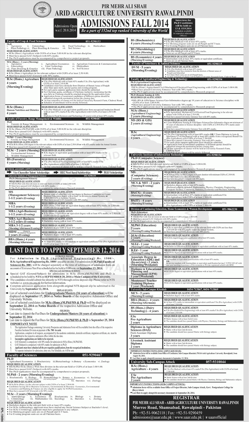 Arid University Admission Form Download Admission Form