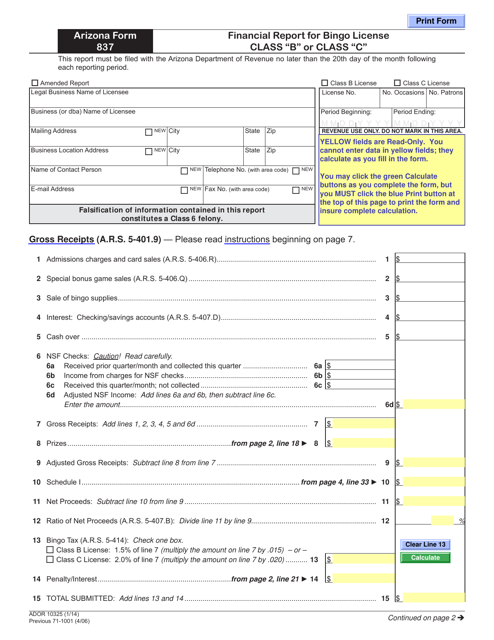 Arizona Form 837 ADOR10325 Download Fillable PDF Or Fill Online 