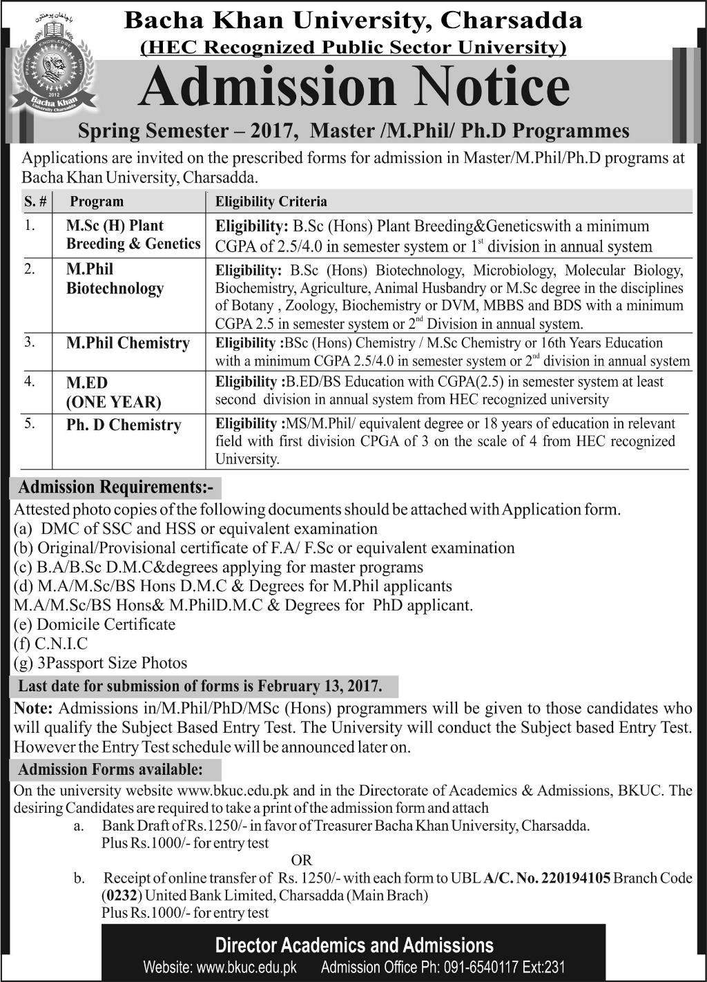 Bacha Khan University Charsadda Admission Form Admission Form