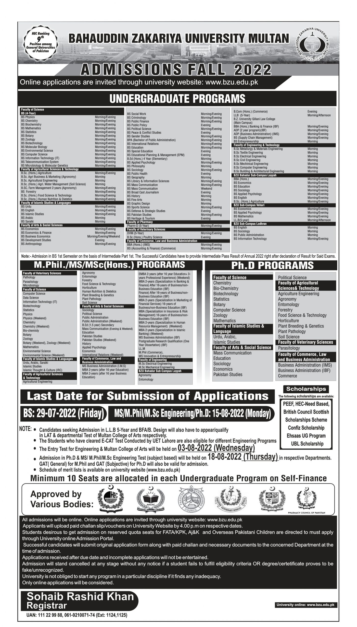 Bahauldin Zakarya University Multan Fall Admission 2022 PkJobsPedia