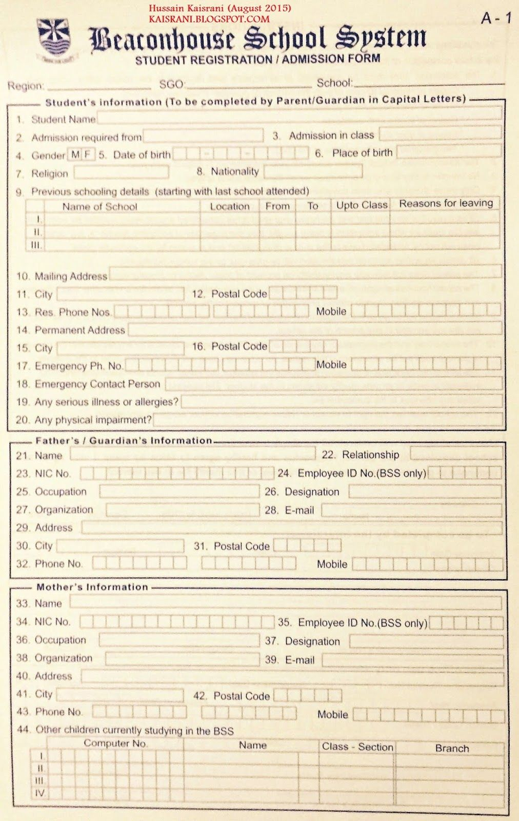 Beaconhouse School admission form student registeration Fee structure