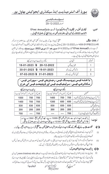 BISE BWP 9th 10th Class Admission Form 2023 Download Last Date