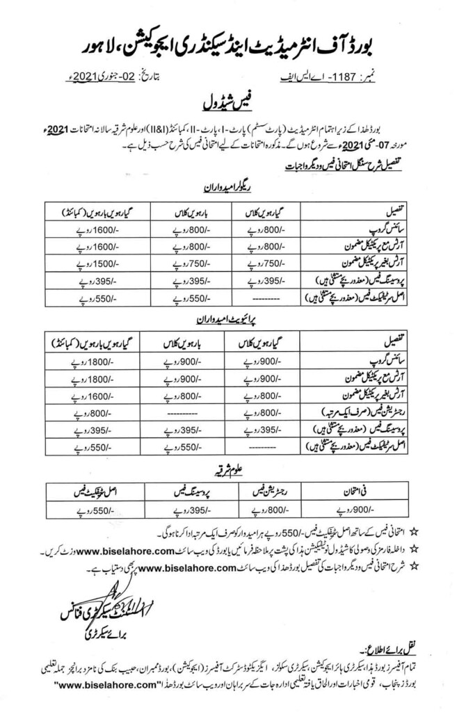 BISE Lahore Board Inter Exam 2022 Admission Fee Structure LearningAll