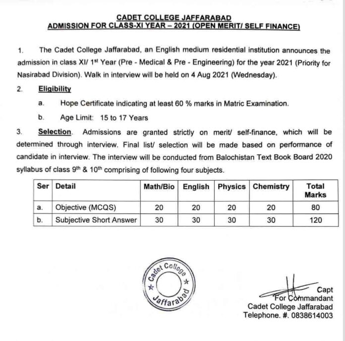 Cadet College Jaffarabad Admission Form 2021 Entry Test Result