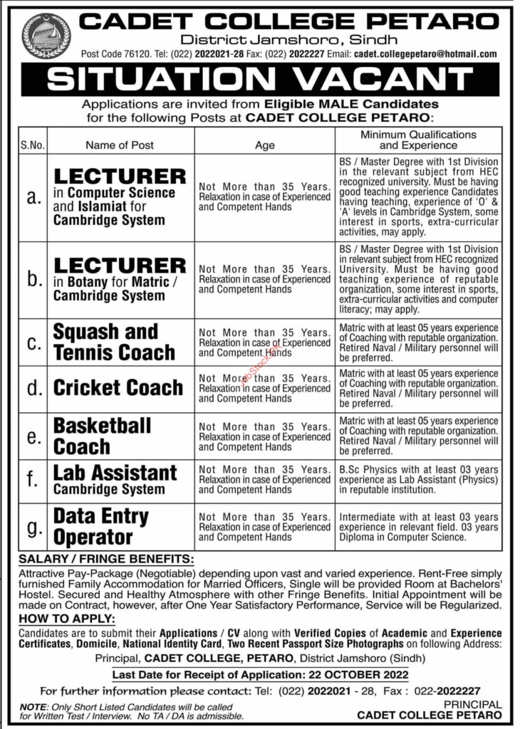 Cadet College Petaro Jobs 2022