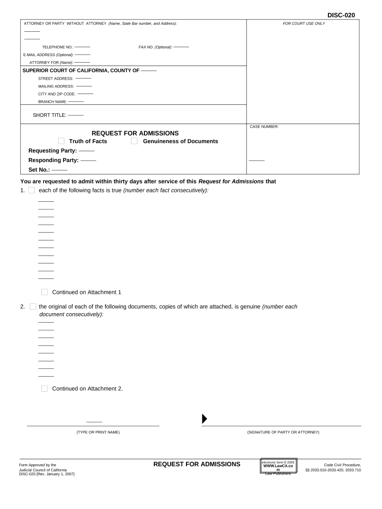 California Request Admissions Form Fill Out And Sign Printable PDF