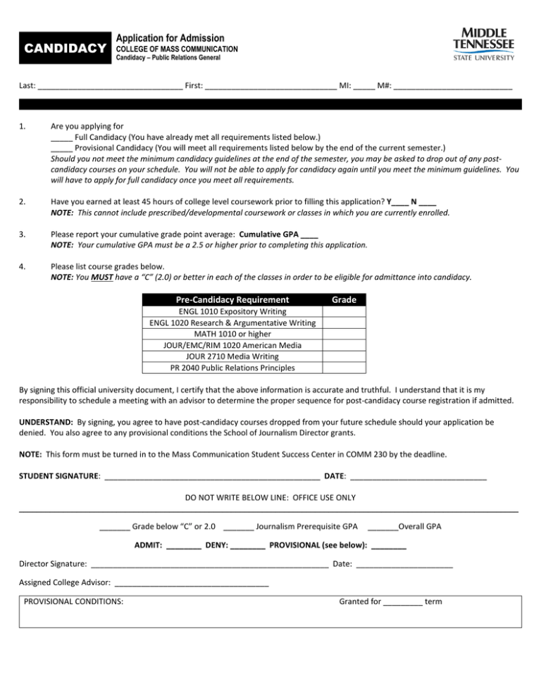 CANDIDACY Application For Admission