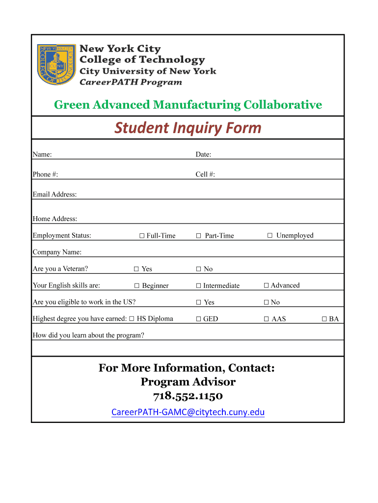 CUNY College Of Technology Student Inquiry Form Fill And Sign