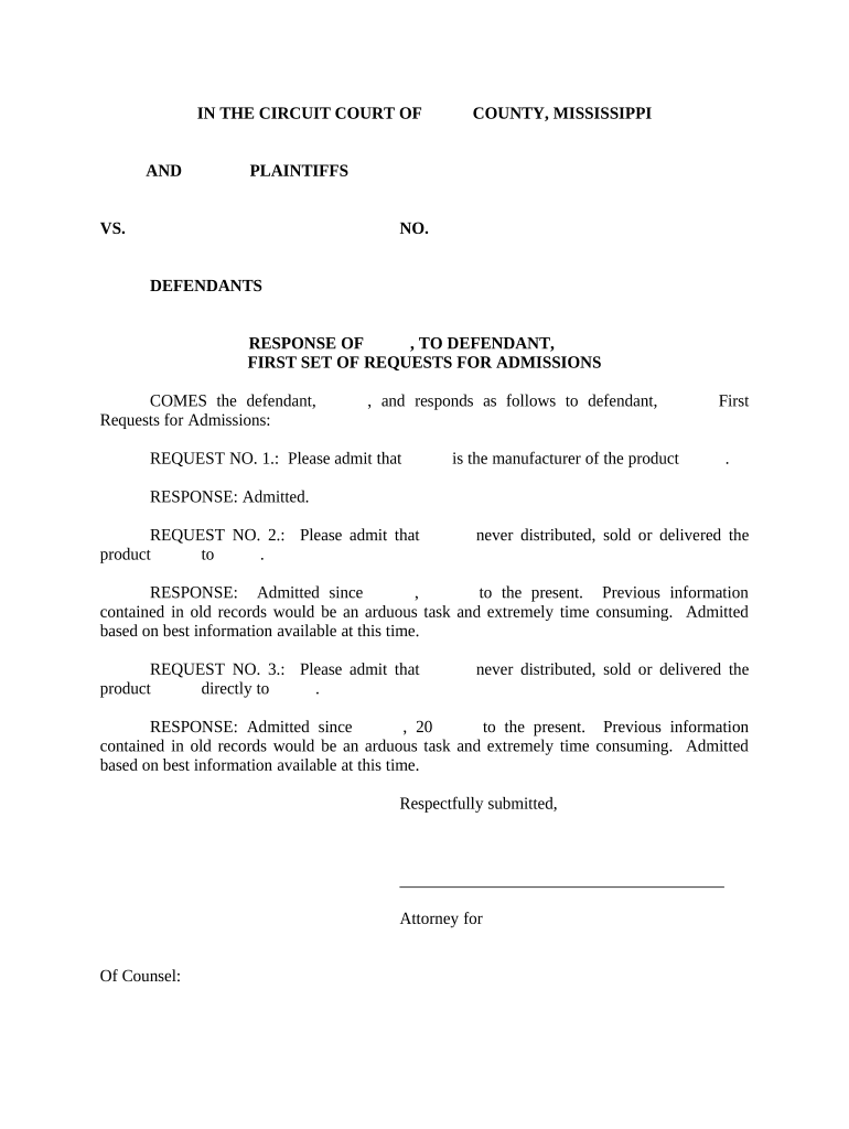 Defendant s Response To Request For Admissions Mississippi Form Fill