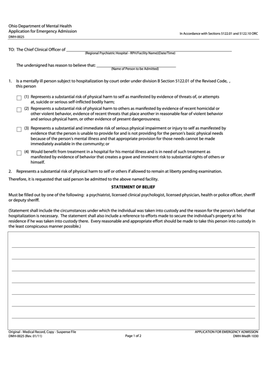 Dmh 0025 Application For Emergency Admission Form Printable Pdf Download