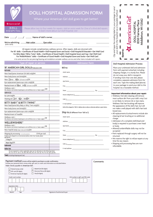 Fillable Doll Hospital Admission Form American Girl Printable Pdf