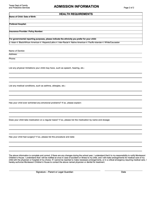 Form 2935 Admission Information Printable Pdf Download