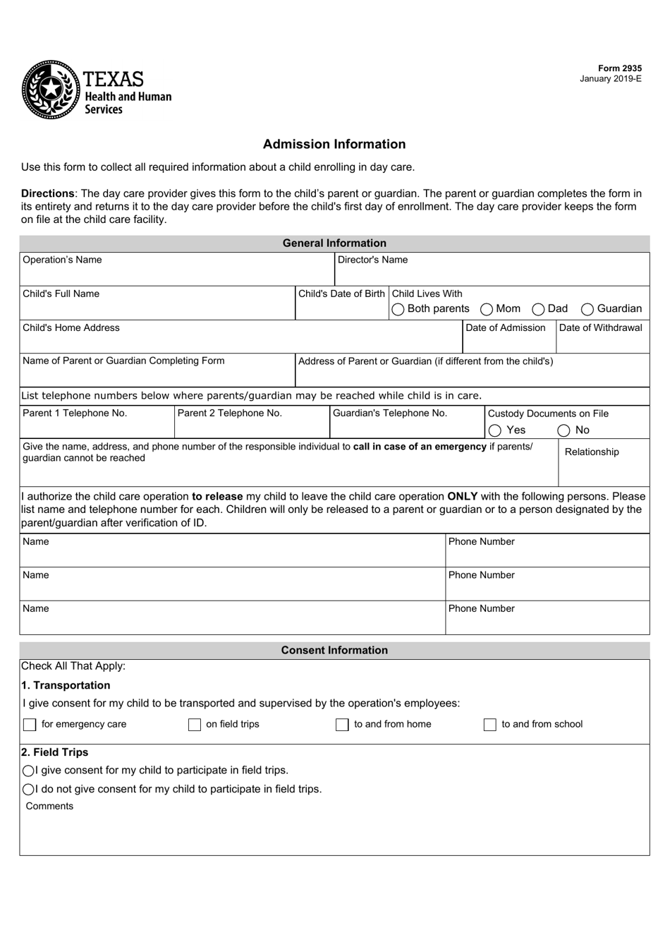 Form 2935 Download Fillable PDF Or Fill Online Admission Information