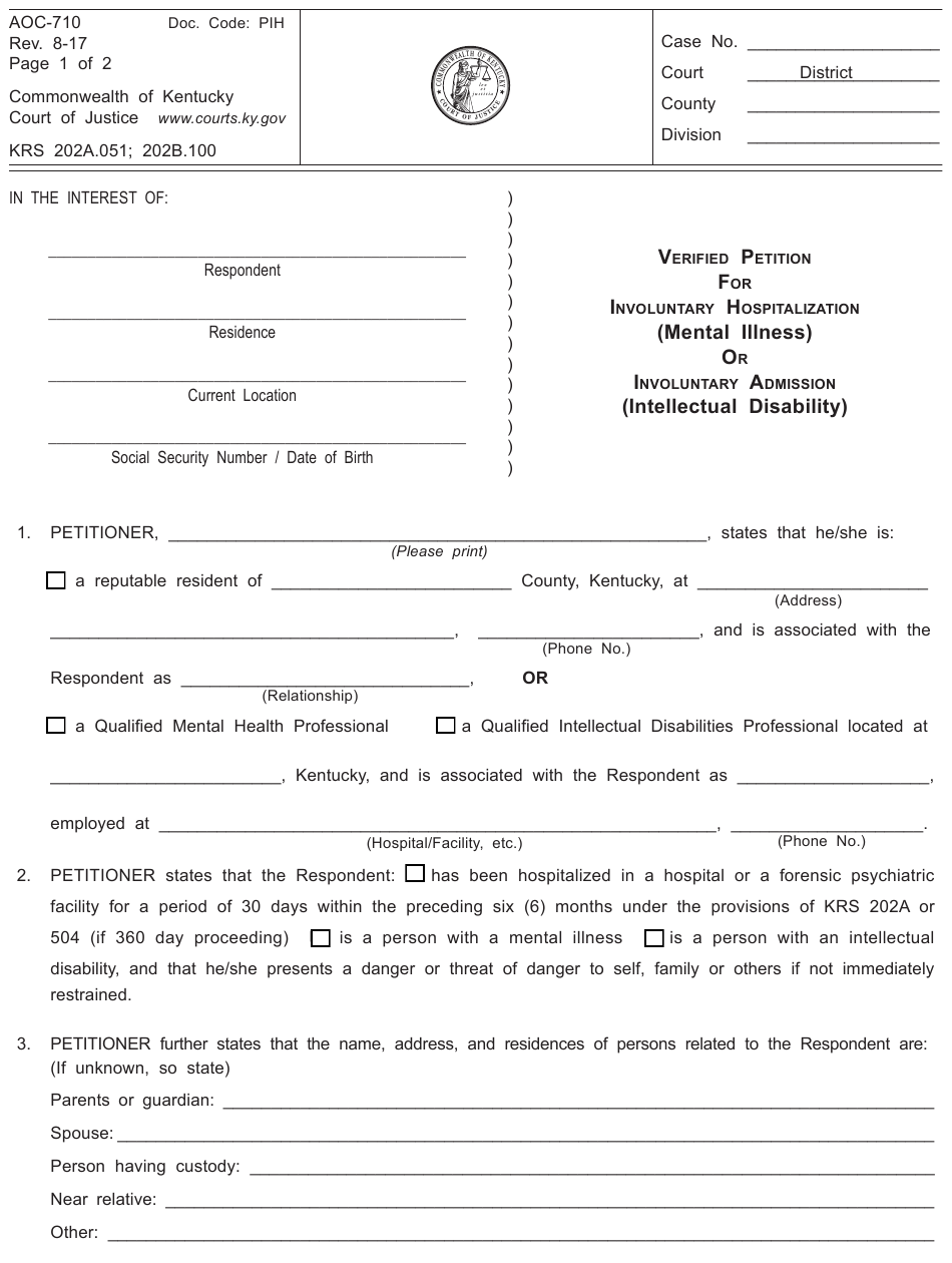 Form AOC 710 Download Fillable PDF Or Fill Online Verified Petition For