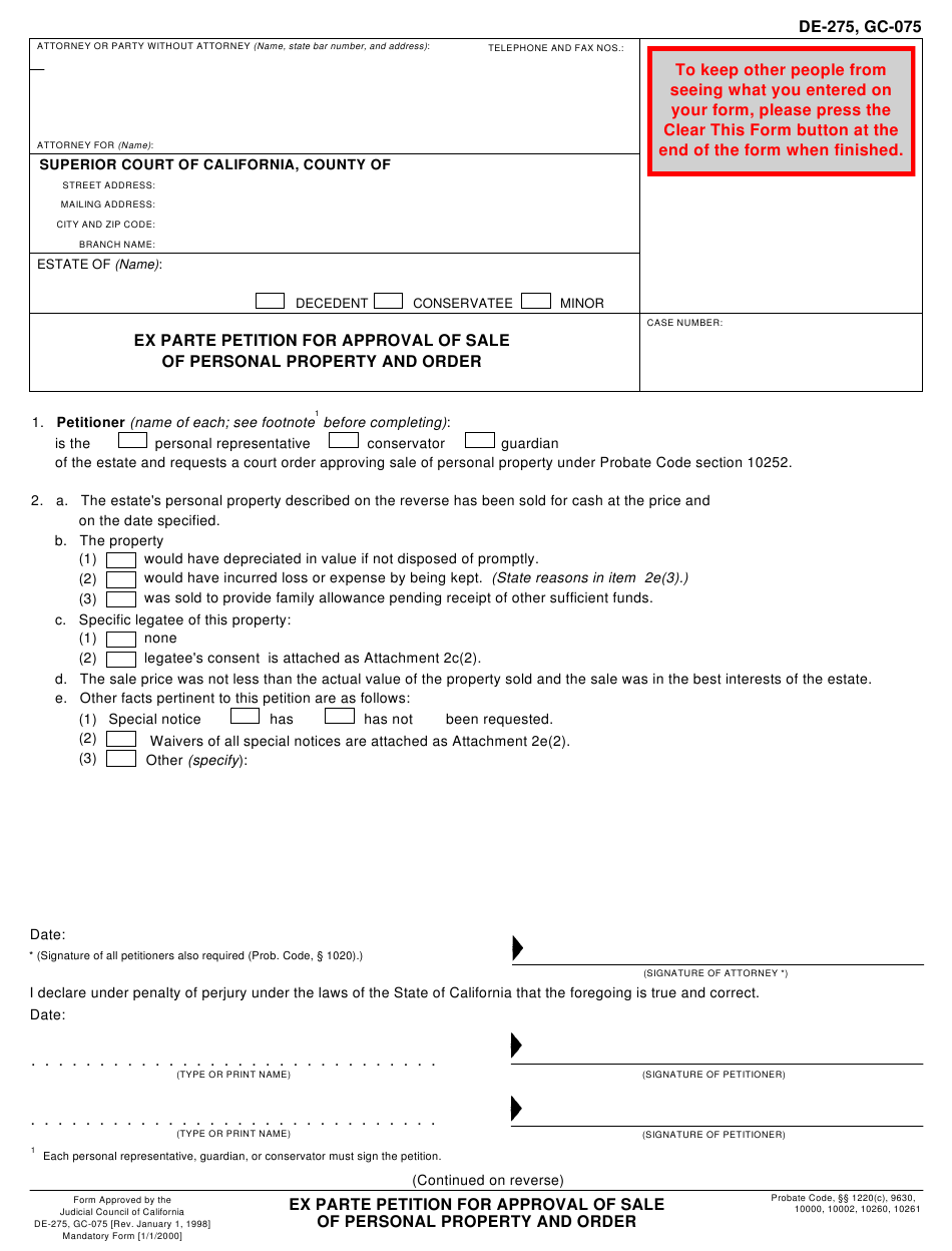 Form DE 275 GC 075 Download Fillable PDF Or Fill Online Ex Parte