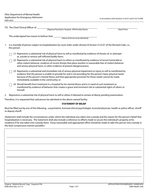 Form DMH 0025 Download Printable PDF Or Fill Online Application For