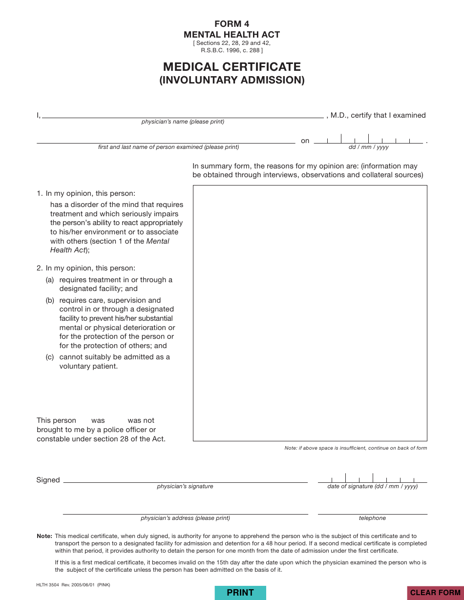 Form HLTH3504 4 Download Fillable PDF Or Fill Online Medical