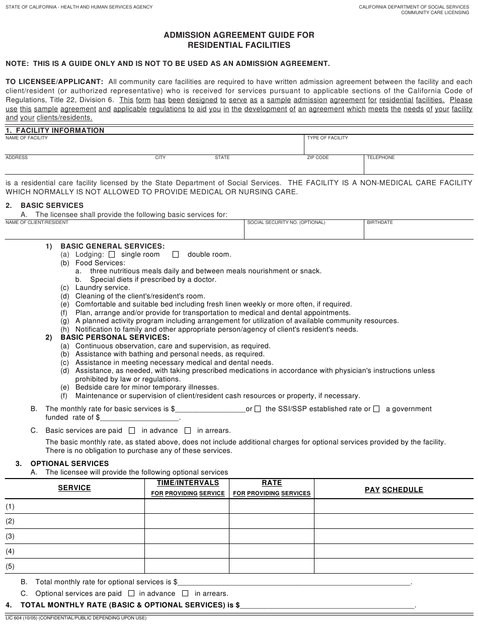 Form LIC604 Download Fillable PDF Or Fill Online Admission Agreement