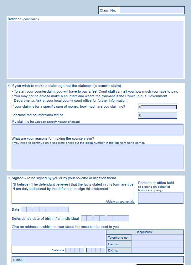 Form N9A Admission Specified Amount Response Pack County Court 