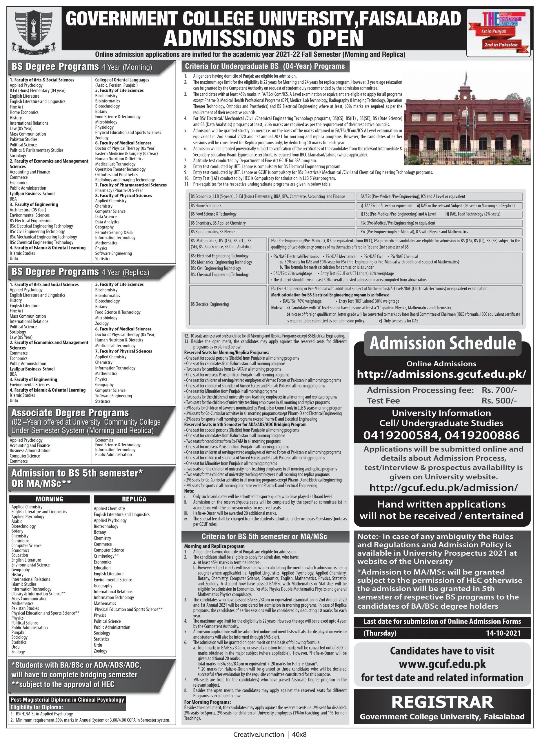 GC University Faisalabad GCUF Admission 2022 Apply Online Fee 