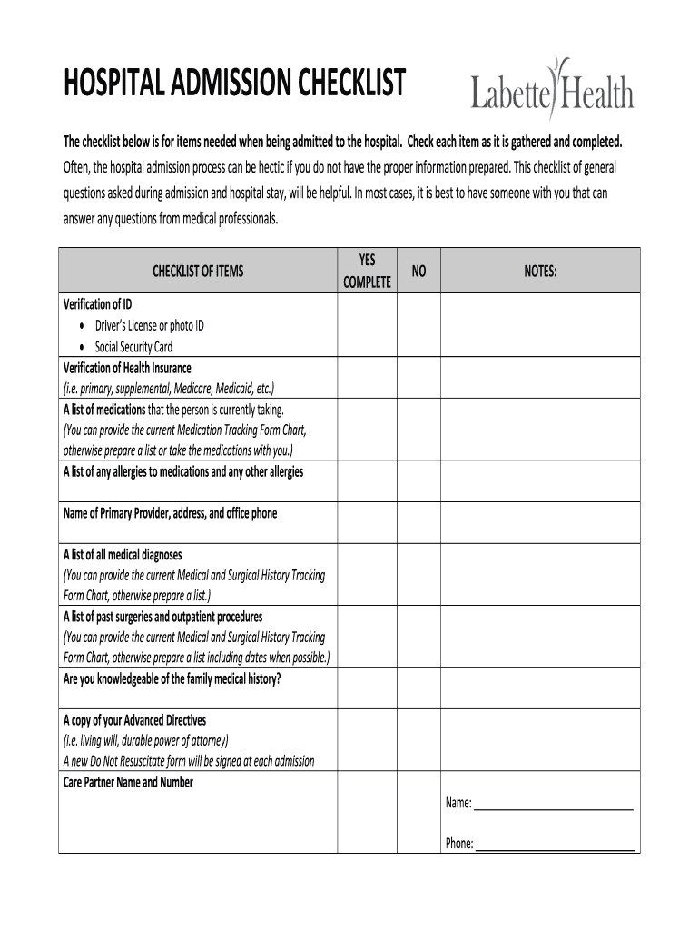 Hospital Admission Checklist Form Fill Out And Sign Printable PDF 