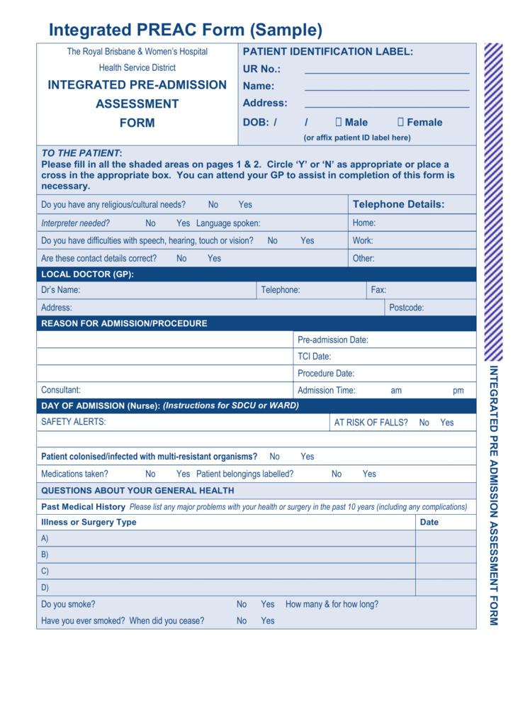 Integrated Pre admission Assessment Form Service Directory