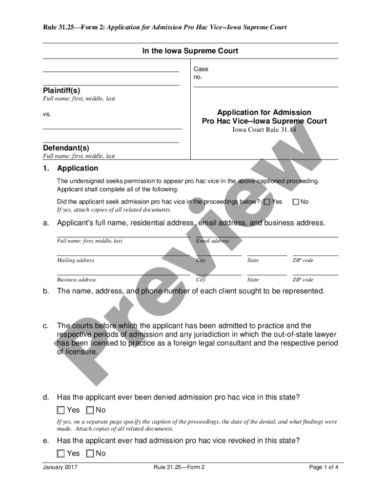 Iowa Application For Admission Pro Hac Vice Supreme Court Admission 