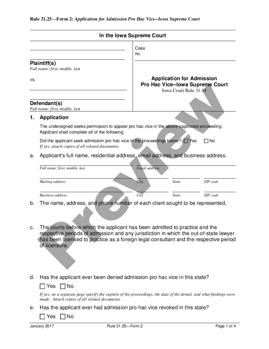 Iowa Application For Admission Pro Hac Vice Supreme Court Admission 