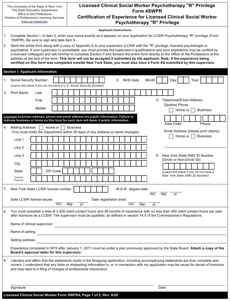 Licensed Clinical Social Worker Psychotherapy R Privilege Form 4SWPR 