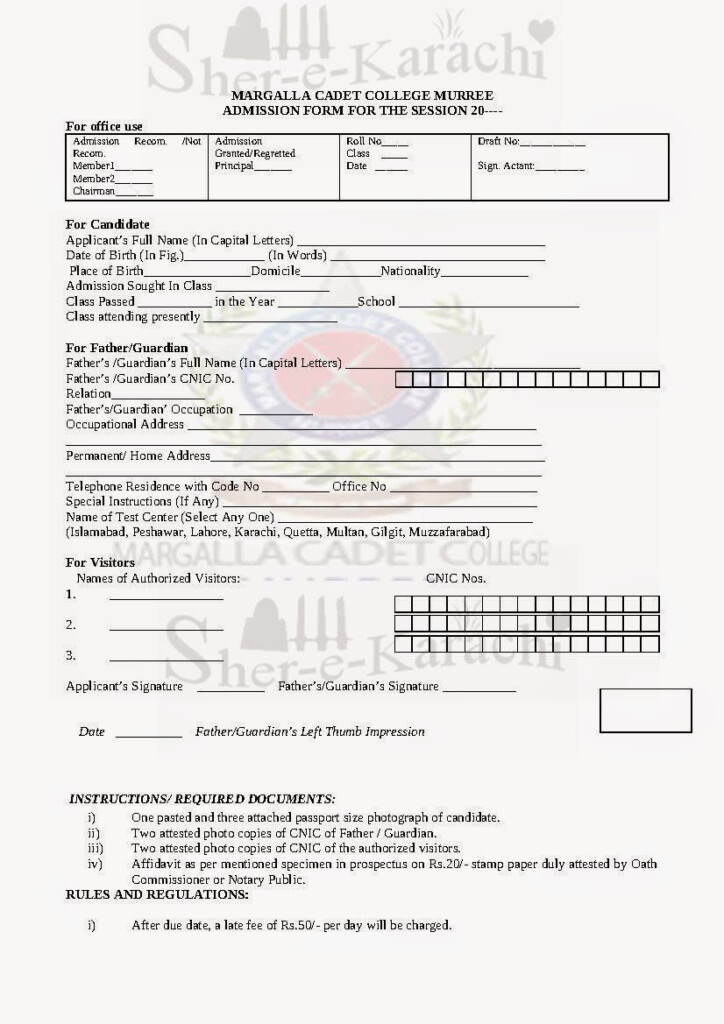 Margalla Cadet College Murree Download Admissions Form 2014 Shehar e 
