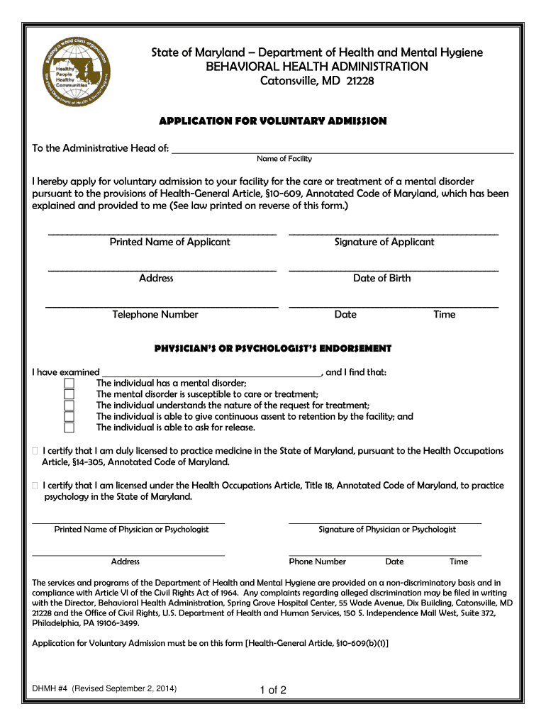 Maryland Voluntary Psychiatric Admission Form Fill Out Sign Online 