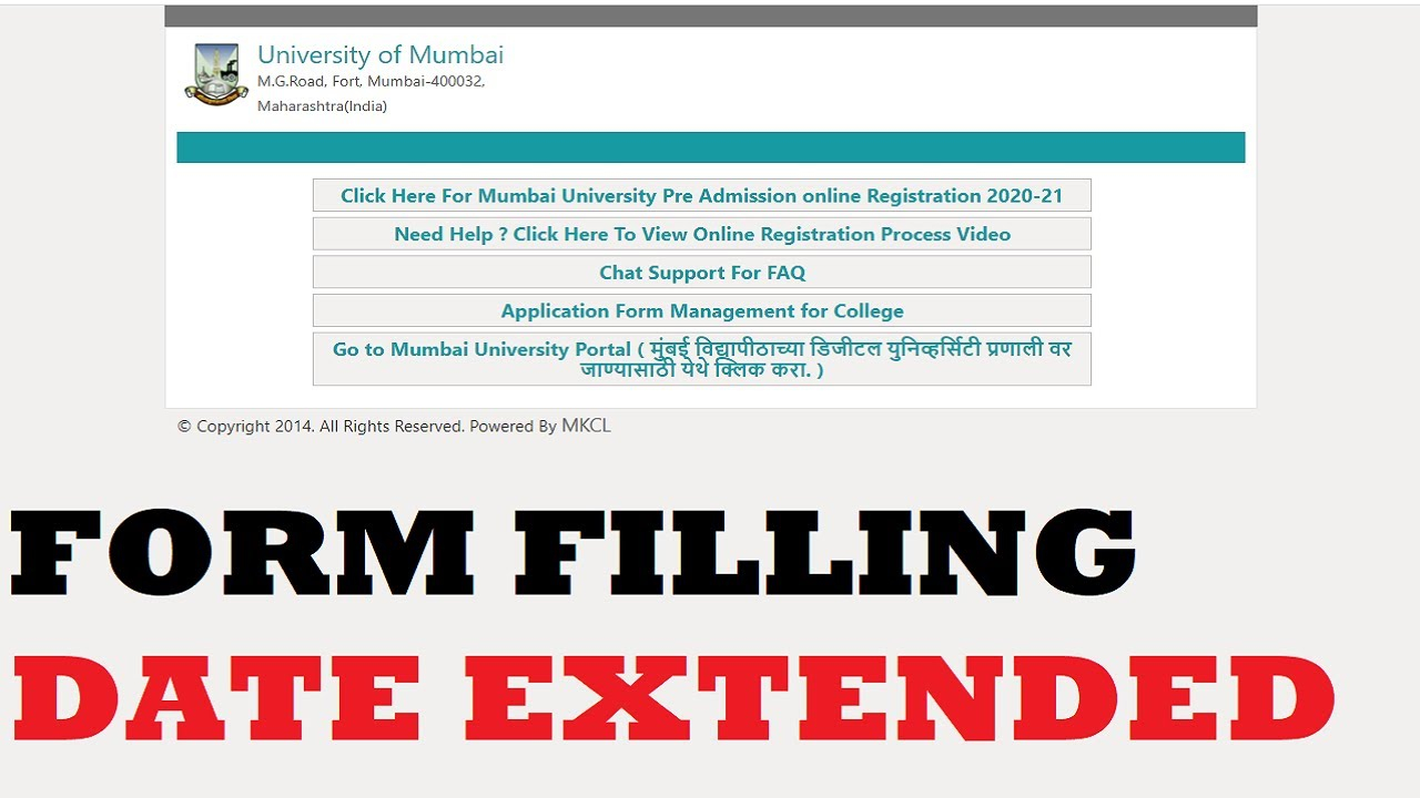 Mumbai University Pre Admission Registration FORM DATE EXTENDED