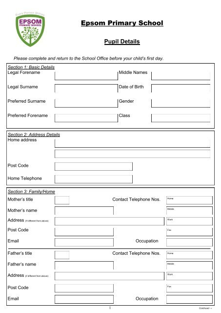 Nursery Admission Form Epsom Primary School