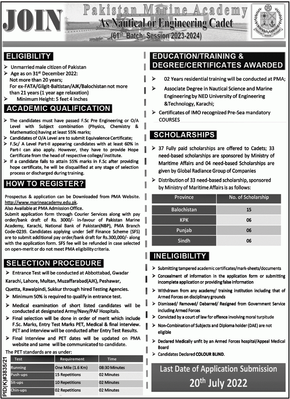 Pakistan Marine Academy Karachi Admission 2023 2024 Application Form