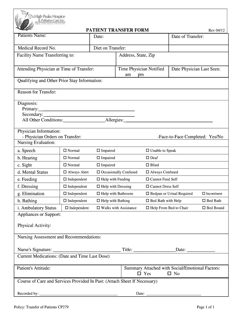 Sample Hospice Transfer Form Fill Out Sign Online DocHub