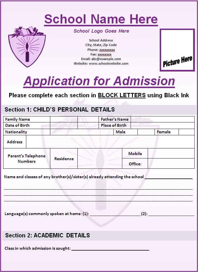 School Admission Forms Free Word Templates