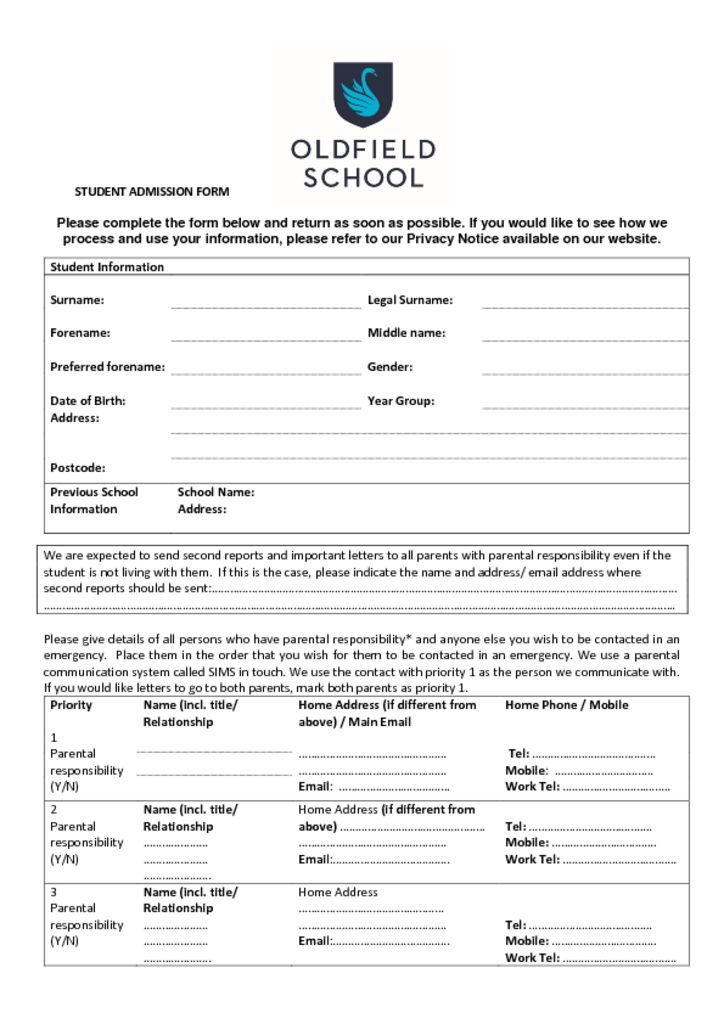 Student Admission Form Oldfield School